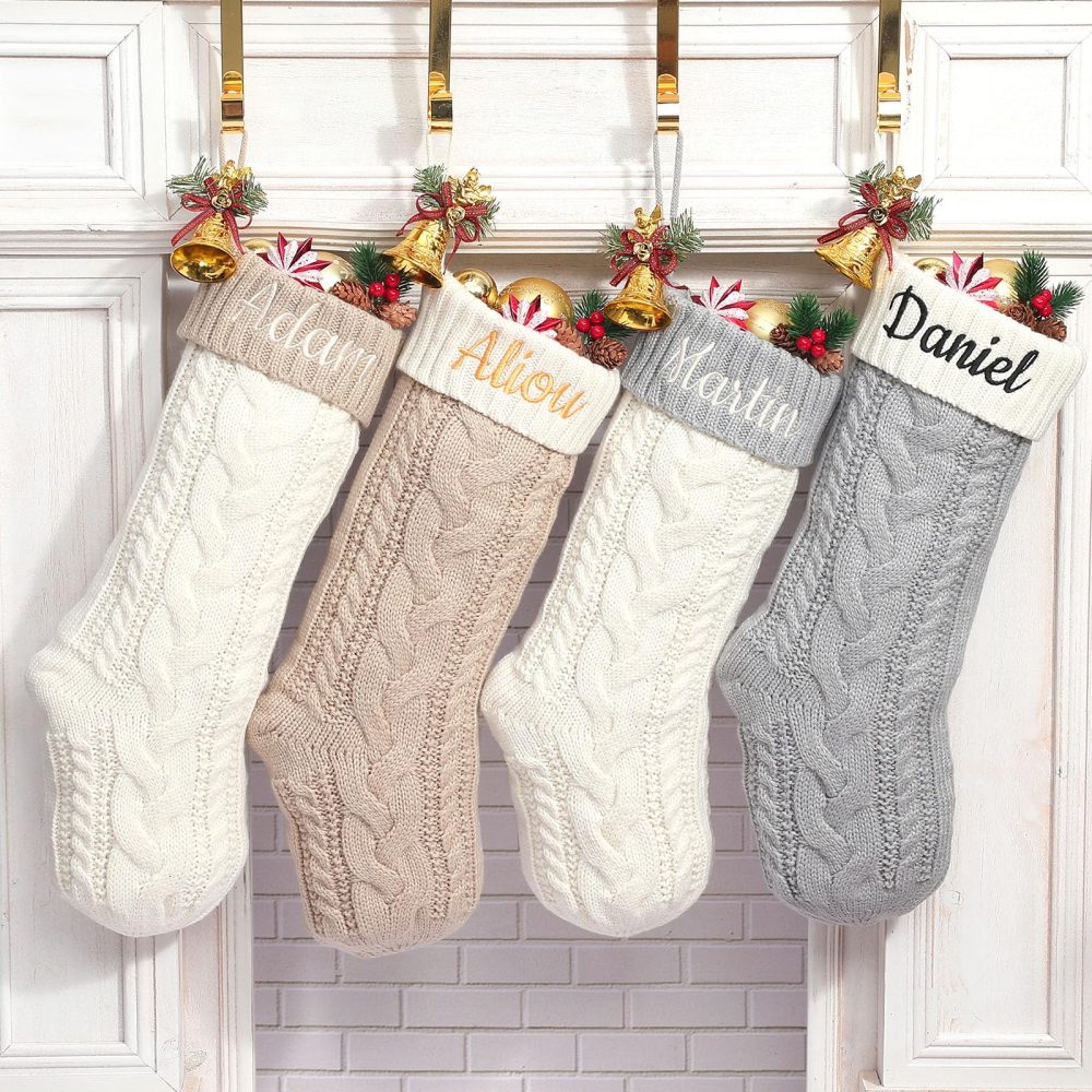 Personalised Christmas Stockings 18” Large Custom Name Family Christmas Stockings,Customised Embroidered Name Knitted Xmas Stockings for Initial Fireplace Hanging Decoration(Beige-1Pack)