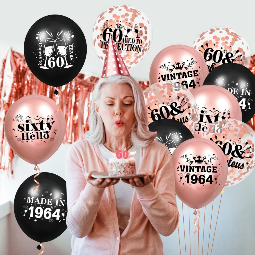 60th Birthday Balloons for Women 18Pcs Rose Gold and Black 1964 Balloons 60th Birthday Party Decorations 12 inch Vintage Confetti Latex Balloons Party Supplies for 60th Birthday Anniversary Party - Image 4