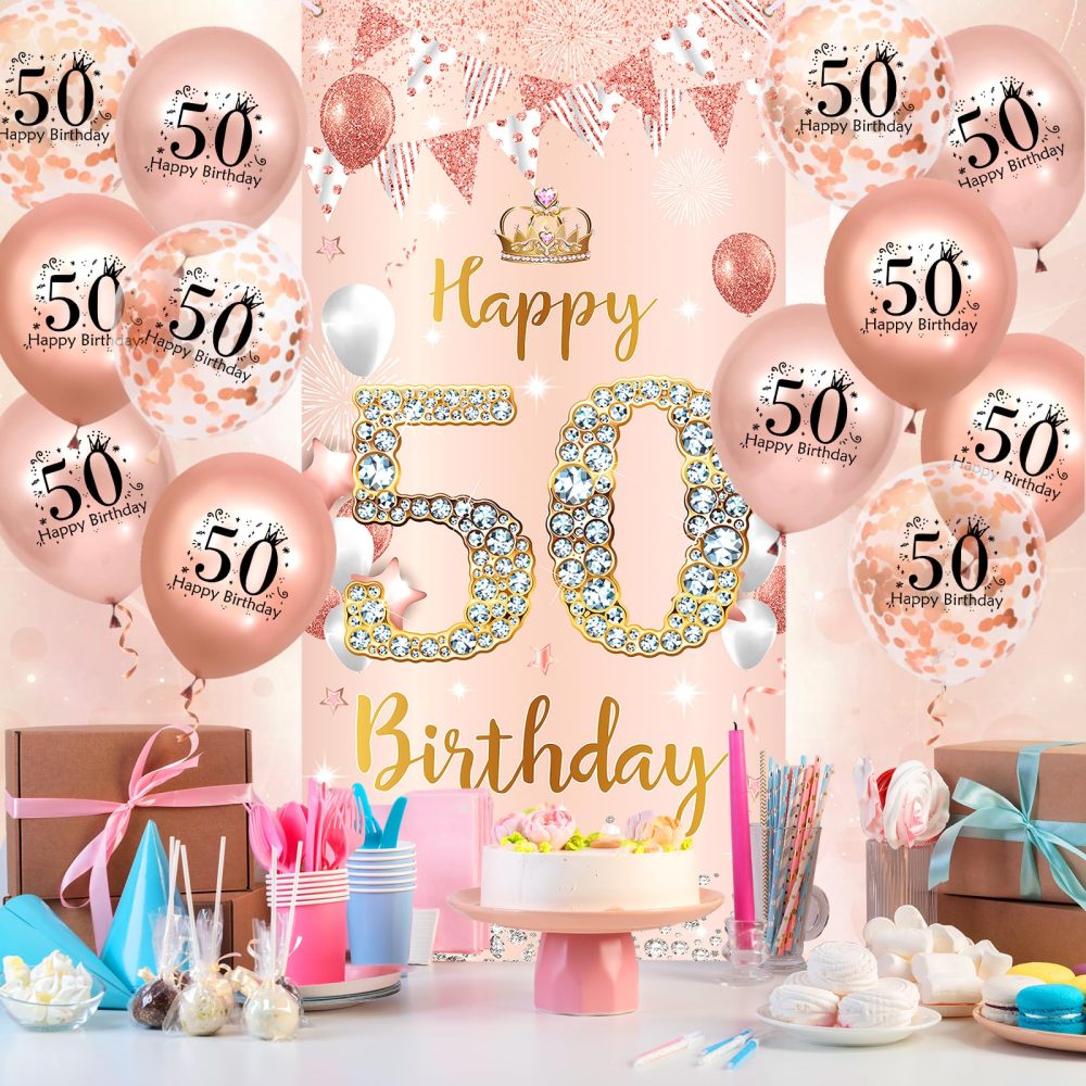 Rose Gold 50th Birthday Decorations Banner for Women, Happy 50th Birthday Door Banner with 18pcs 50th Balloons for Women 50th Birthday Anniversary Party Backdrop Decor Supplies Sign Porch Background - Image 7