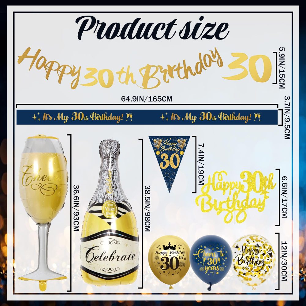 30th Birthday Decorations for Men - Blue Gold Happy 30th Birthday Banners Cake Topper Pennant Latex Balloons Wine Bottle Balloon Sash for 30th Birthday Party Supplies - Image 6