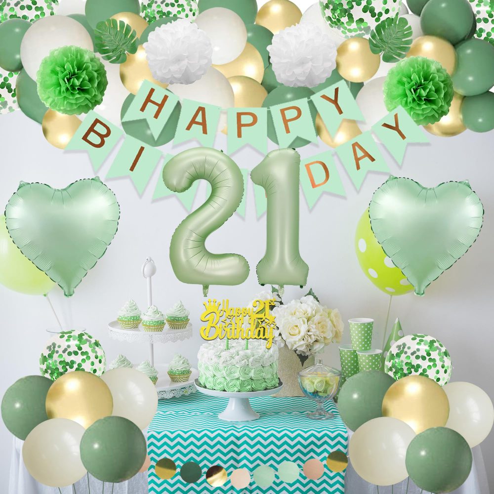 Sage Green 21st Birthday Decorations - 103 Pieces Green Gold Decoration, Happy Birthday Banner, Numbers 21 Foil Balloon, Paper Pompoms, Garland, Cake Topper, For Women Men 21st Birthday Supplies - Image 3