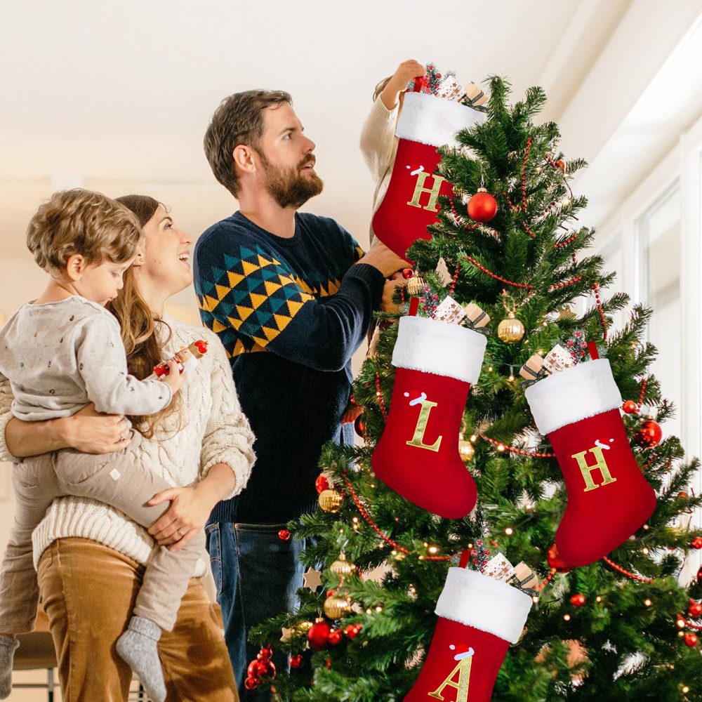 Christmas Stockings Personalised 20 Inch Large Xmas Stockings Monogram Christmas Stockings With Letters Red Velvet Classic Christmas Stocking Fireplace Hanging Ornament Christmas Holiday Party Décor - Image 3