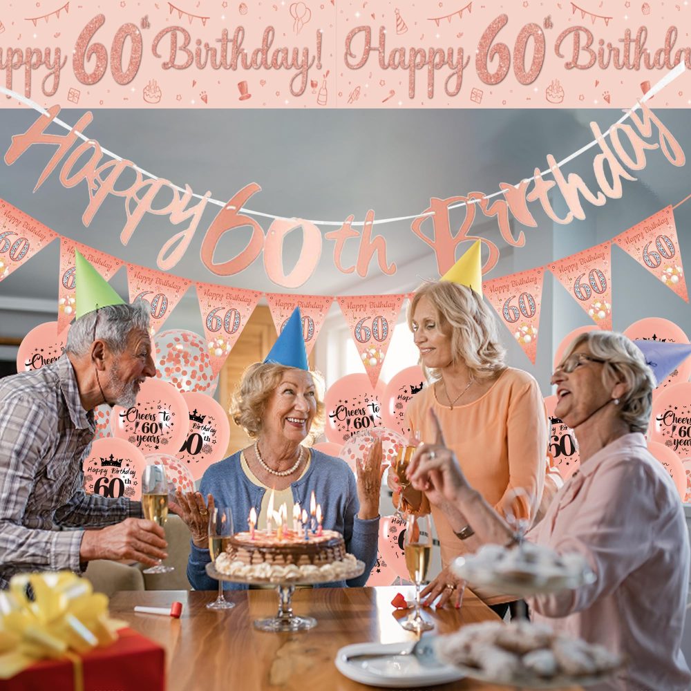 60th Birthday Decorations for Women - 44PCS Rose Gold Latex Confetti Balloons Triangle Flag Sash Decor Happy 60th Birthday Courtyard Banner Party Decoration Kit Supplies for Family Friends - Image 2