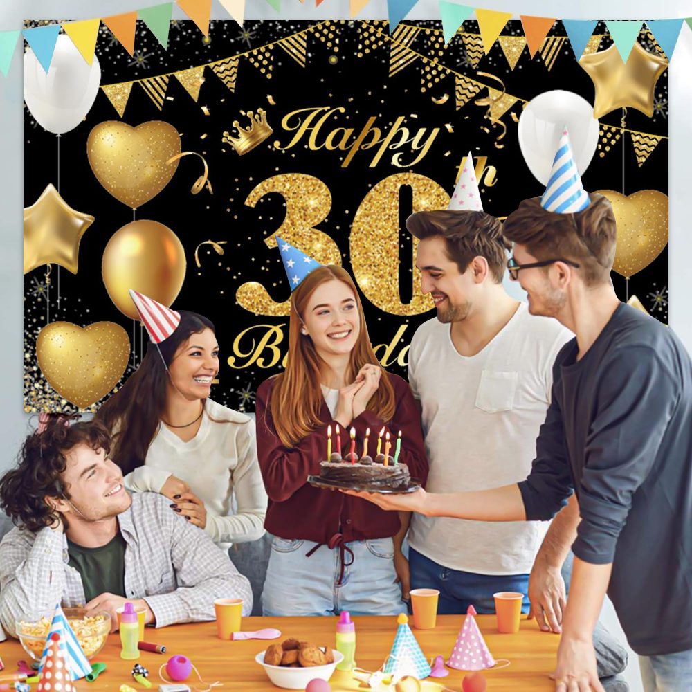 Happy 30th Birthday Banner 30th Photo Backdrop Black Gold Birthday Party Background Supplies Backdrop Props, Birthday Decorations for Men and Women 30th Backdrop Banner Photo Booth Sign 180×110cm - Image 4