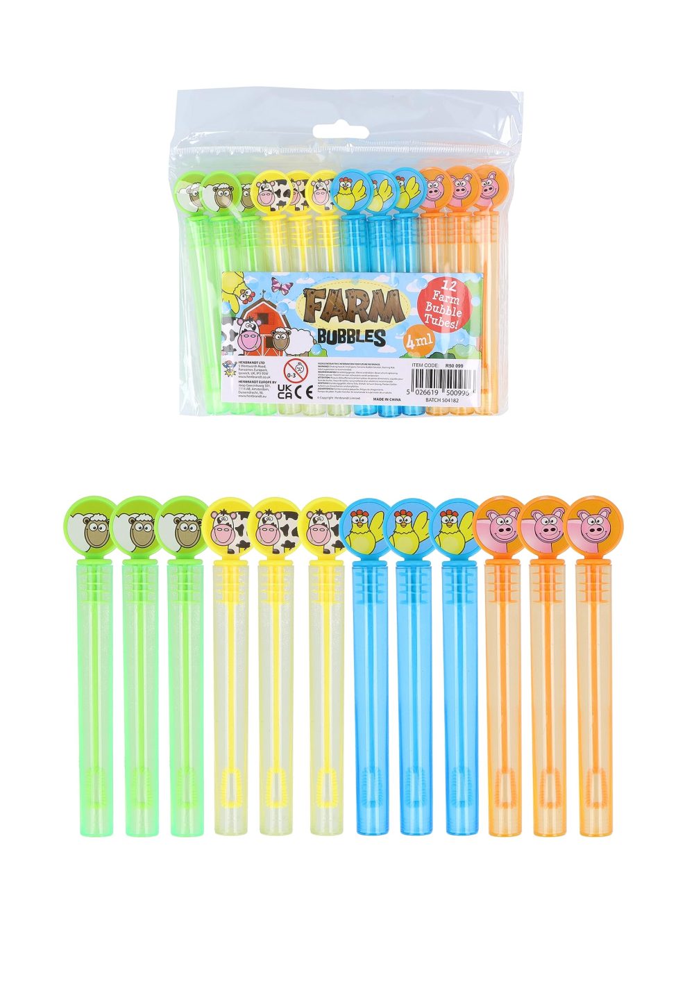 Henbrandt Neon Farm Animal Party Bubble Tubes with Wand (Pack of 12) Children's 4ml Party Bubbles Loot Bag Fillers Summer Games Kids Party Bags for Boys and Girls