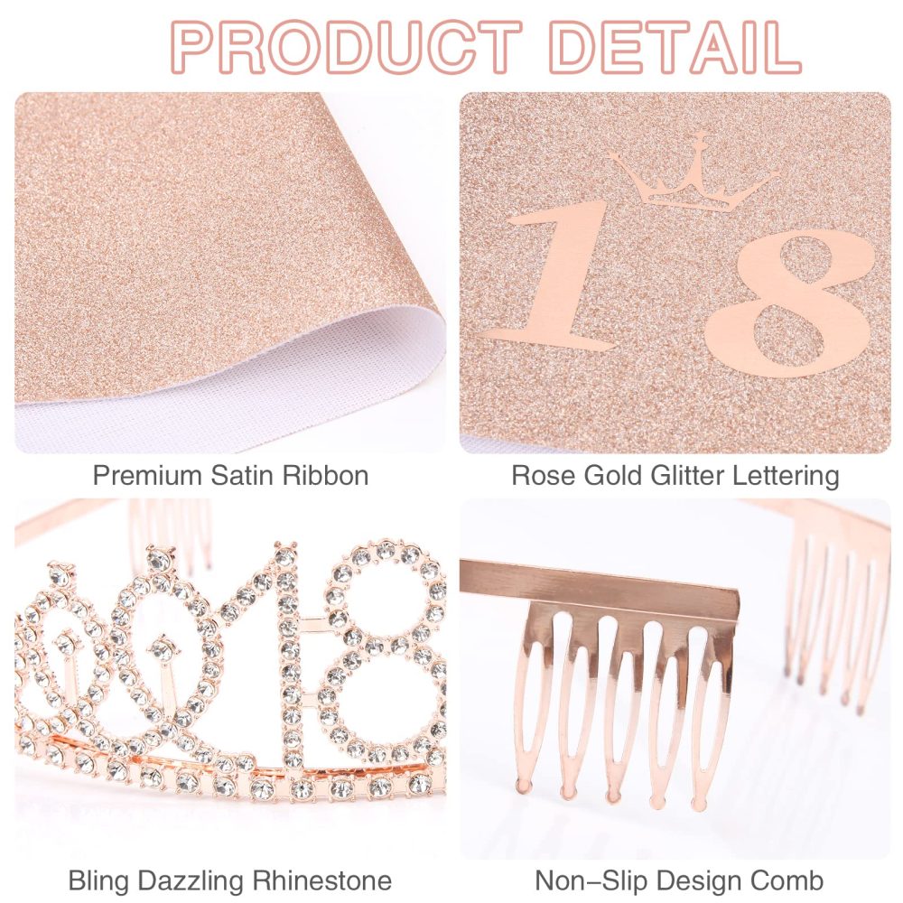 Mikccer Rose Gold 80th Birthday Sash and 80 Birthday Tiara, Rhinestone Crown Headband for 80th Birthday Gifts, 80th Birthday Decoration Party Accessories for Girls - Image 7