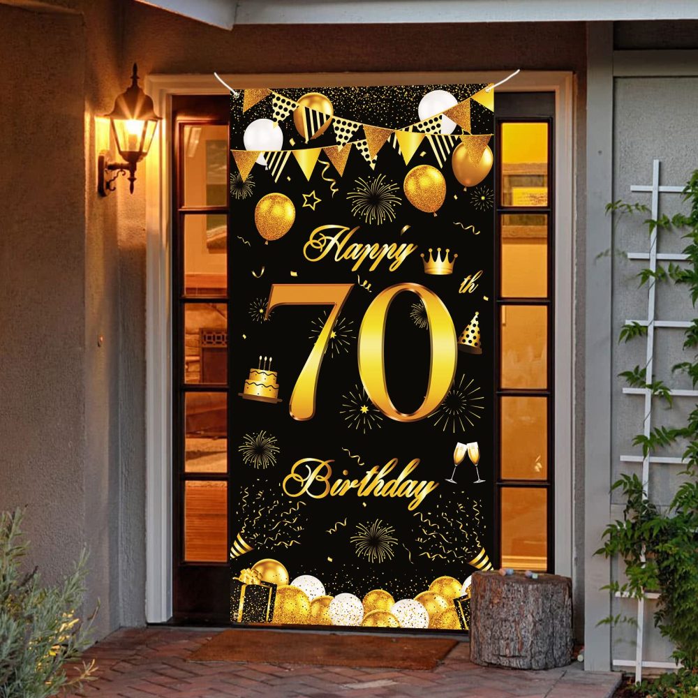 70th Birthday Decorations Banner, Black Gold Happy 70th Birthday Party Door Banner, 70th Birthday Photo Backdrop Photography Background for Men Women Birthday Party Door Wall Decoration 72.8×35.4 inch - Image 4