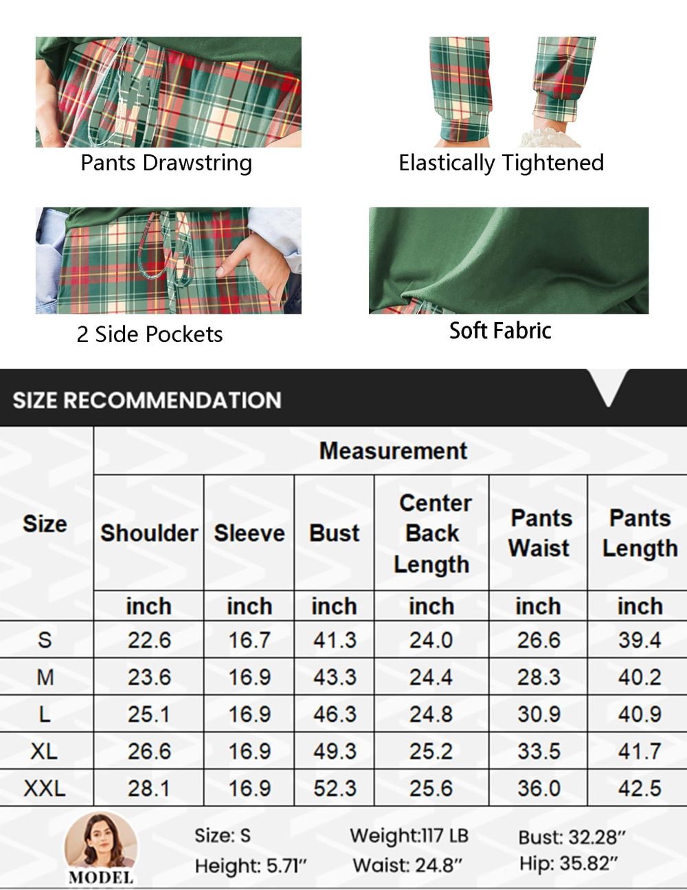 Ekouaer Ladies Plus Size Winter Pjs Fall Colours Plaid Womens Pyjamas Soft Cotton Lounge Set Loungewear, Green Plaid, L - Image 2