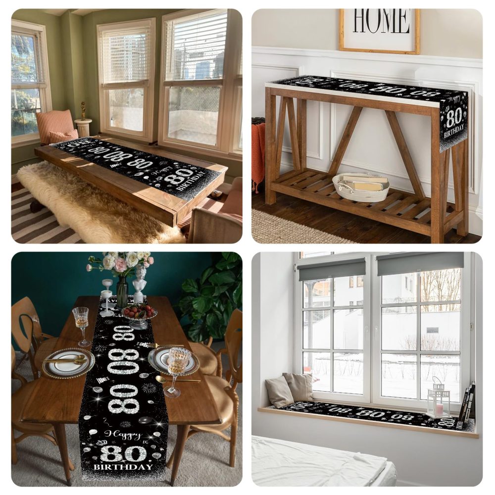 Happy 80th Birthday Table Runner Black Silver 80th Birthday Table Runner for Men Women Him Her 80 Years Old Birthday Celebration Party Decorations Non-Slip Dining Table Linen Cloth Decor 180x35cm Long - Image 2