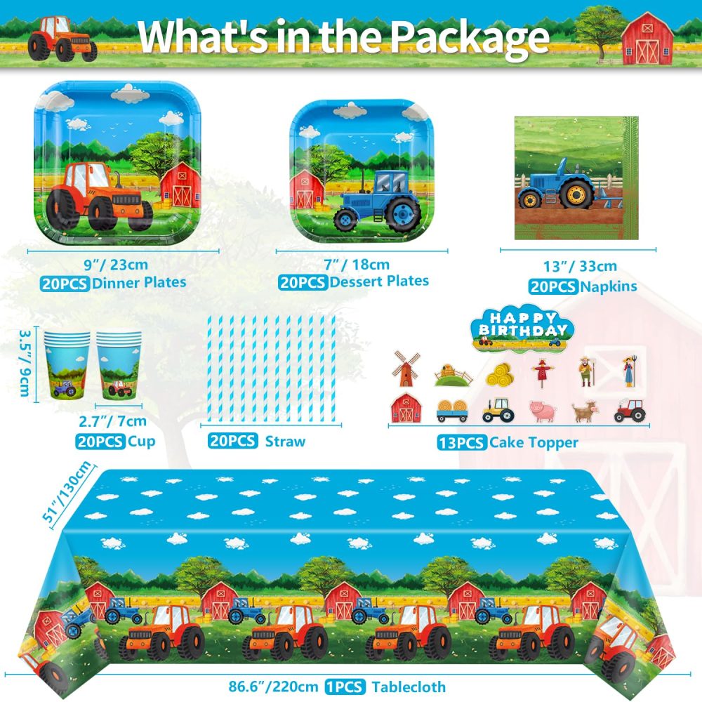176 Pack Tractor Birthday Party Supplies Farm Tractor Party Decorations Tractor Party Supplies Barnyard Farm Party Tableware Set - Tractor Theme Plates, Balloons, Banner, Tablecloth, Cups Serves 20 - Image 5