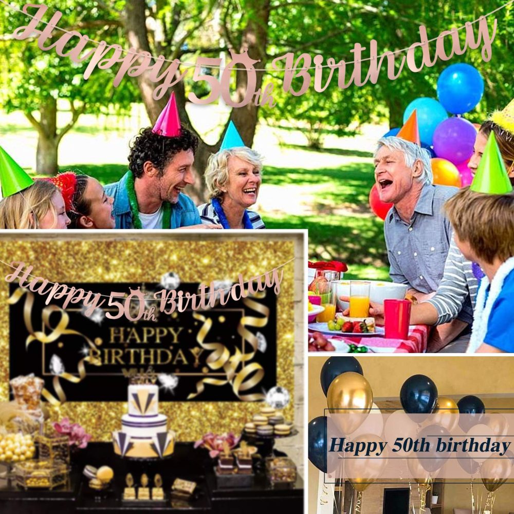Happy 50th Birthday Banner Crown Garlands Backdrop Bunting Fifty Years Old Anniversary Photo Booth Background DIY Party Decoration Supplies for Boys or Girls Living Room(Rose Gold) - Image 4