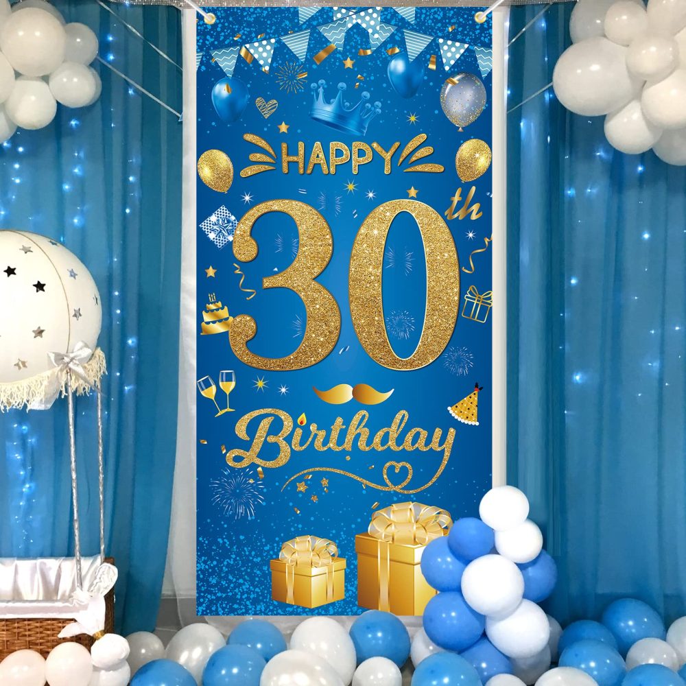 30th Happy Birthday Banner - 30th Birthday Decorations Party Birthday Banner Blue Gold Fabri Birthday Backdrop Door Wall Birthday Decorations for Men Women, 30th Anniversary Birthday Party Supplies - Image 3