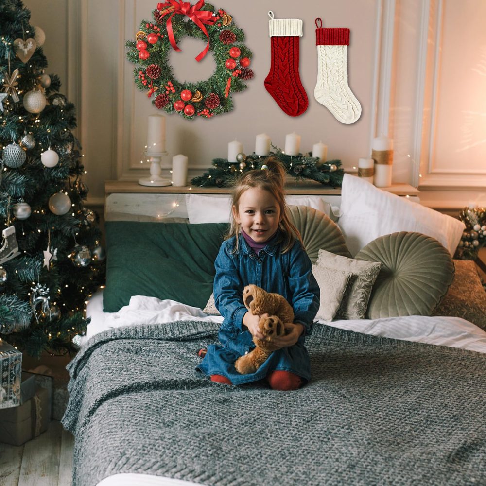 Covienapp 18 in Knit Christmas Stockings Red Christmas Socks Large Xmas Stockings Hanging Gift Bag Socks for Home Decor Christmas Tree Christmas Fireplace - Image 2