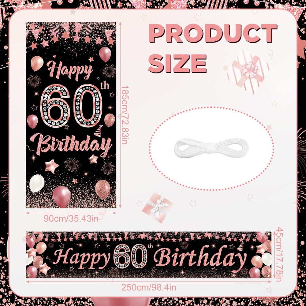 60th Birthday Decorations Banner for Women, Black Rose Gold 60th Birthday Banner with 60th Birthday Door Cover Porch Banner Sign for 60th Birthday Anniversary Party Supplies Indoor Outdoor Decor - Image 2