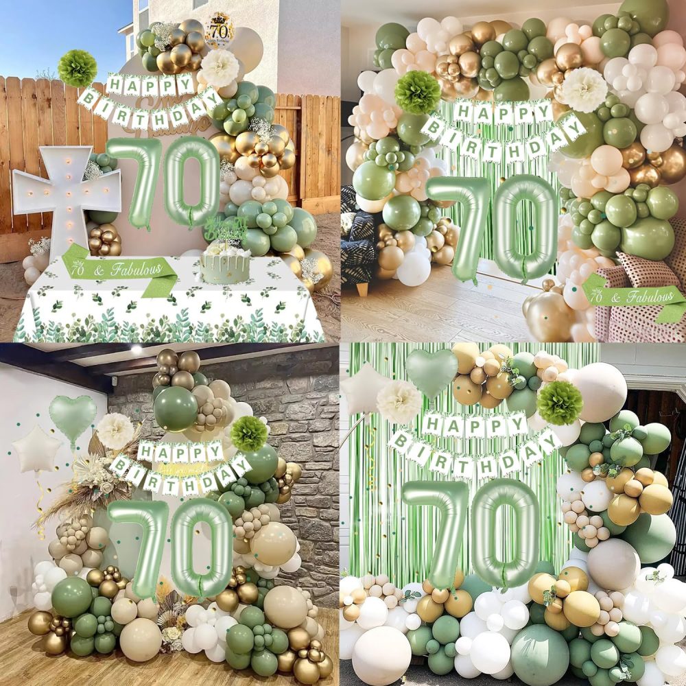70th Birthday Decorations, Sage Green Gold 70th Birthday Decorations, Happy Birthday Banner Fringe Curtain Tablecloth Birthday Sash Crown Pom Poms Number 70 Balloons for Women Men Birthday Party Decor - Image 4