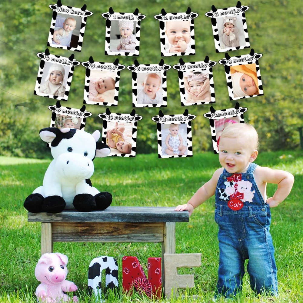 JOYMEMO 13PCs Cow Photo Banner - 1st Birthday Baby Photo Banner for Newborn to 12 Months, Cow Print Birthday Party Decorations, Farm Barnyard Cowboy Cowgirl First Birthday Party Supplies - Image 5