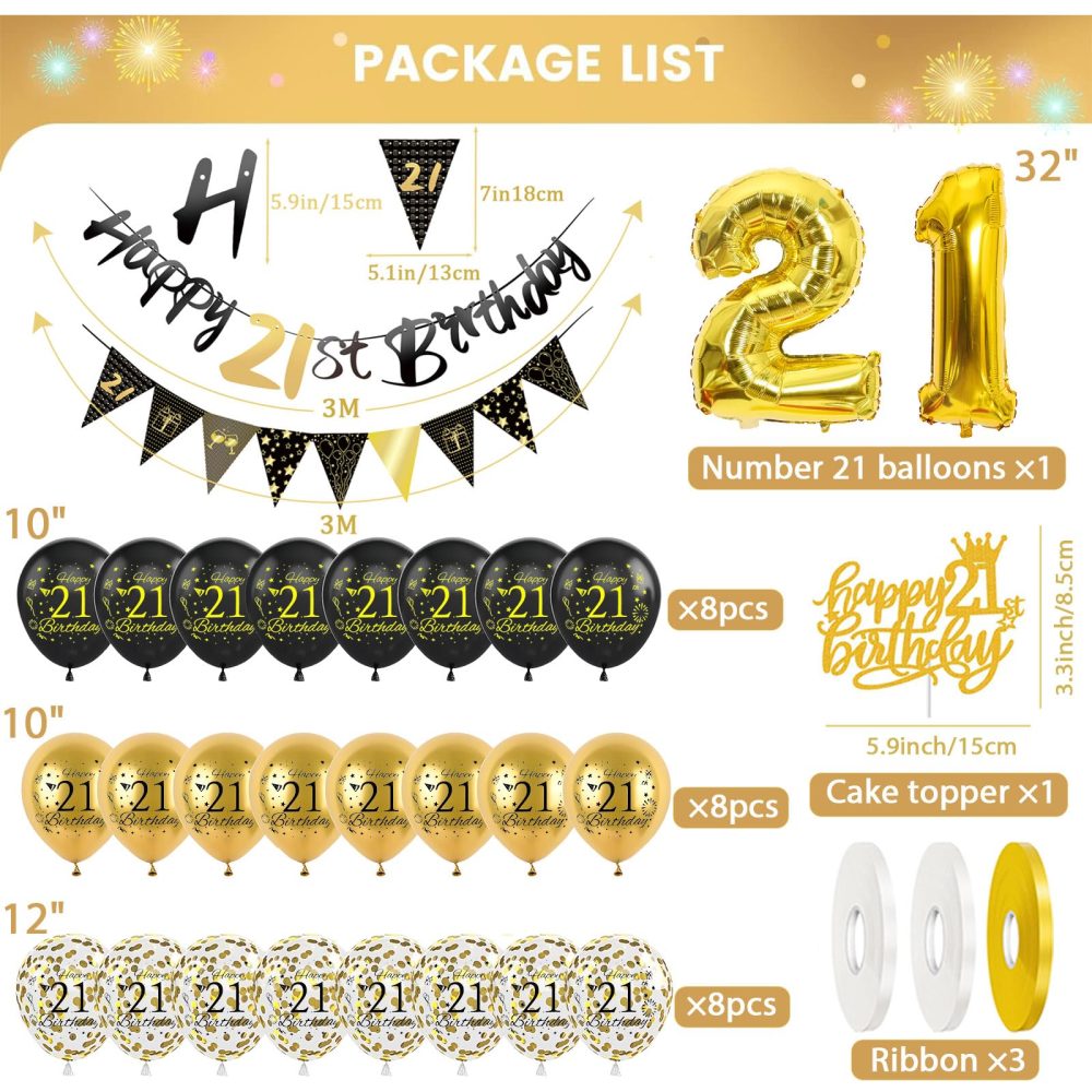 21st Birthday Decorations Set for Him,24Pcs Black Gold 21st Birthday Confetti Balloons,Gold Happy 21st Birthday Banner 21st Gold Foil Balloon Ribbon Cake Topper for Her Men Women 21 Year Old Party - Image 5