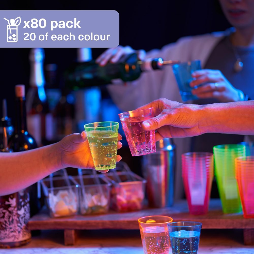 MATANA 80 Neon Party Cups, Coloured Hard Plastic Cups, 210ml - Drinks, Cocktails, Desserts - Kids' Parties, Birthdays, Christmas, Picnic, BBQ, Parties - Sturdy & Reusable - Image 5