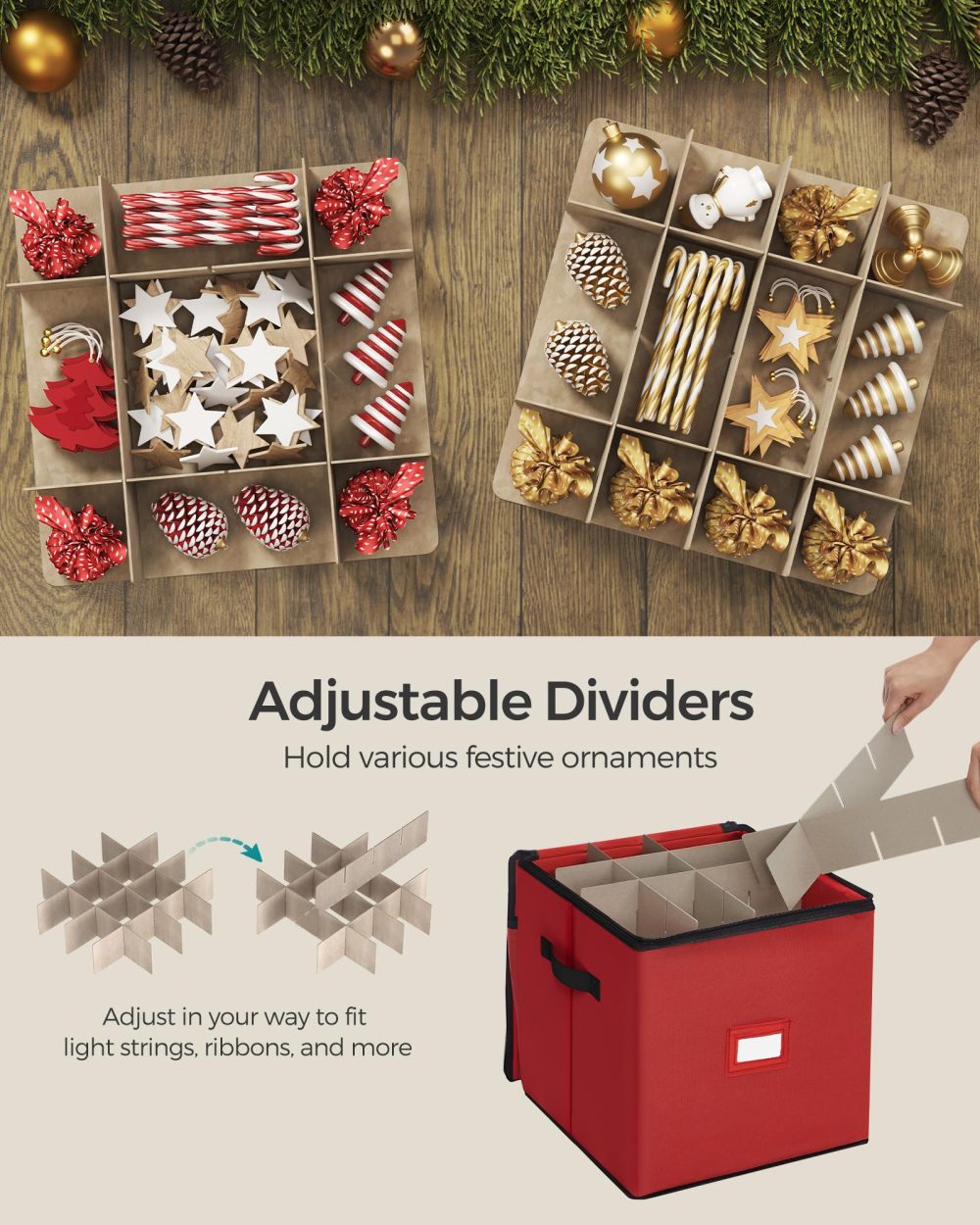 SONGMICS Christmas Decoration Storage Box, 7.6 cm 64 Slots, Stackable Christmas Bauble Storage Box with Lid, Dual Zippers, Adjustable Dividers, Non-Woven Fabric, Cherry Red RFB036R01 - Image 5