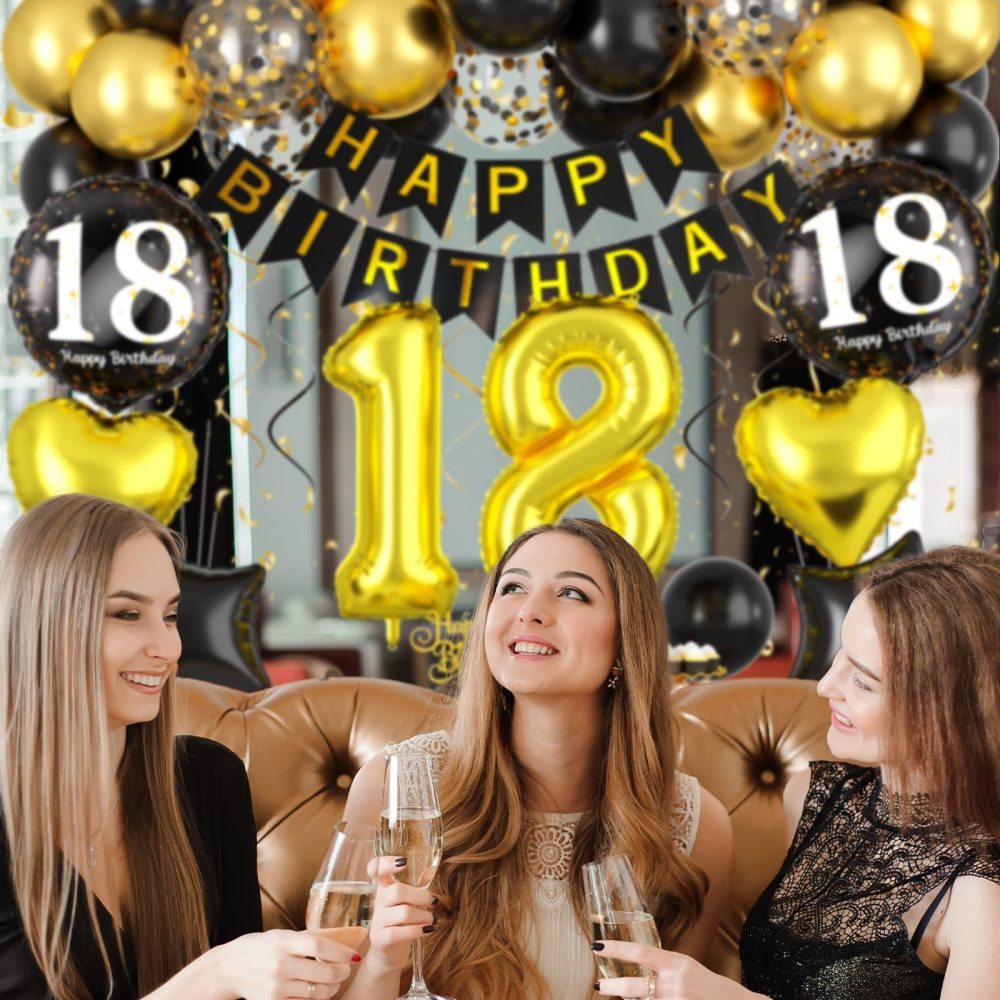 Black and Gold 18th Birthday Decorations, 18th Birthday Balloons Gold and Black 18th Party Decorations with Black Gold Balloons Happy Birthday Banner Cake Topper for Boys Girls 18th Birthday Supplies - Image 3