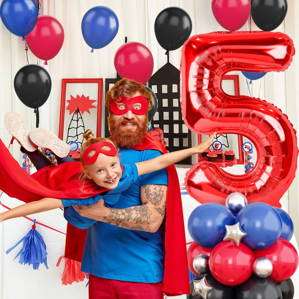 40 Inch Number 5 Balloon Red, Spider Balloon Tower with Red Blue Black Balloons and Metallic Silver Star Foil Balloons for Boys 5th Birthday Party Decor Spider Hero Theme Party Supplies - Image 5