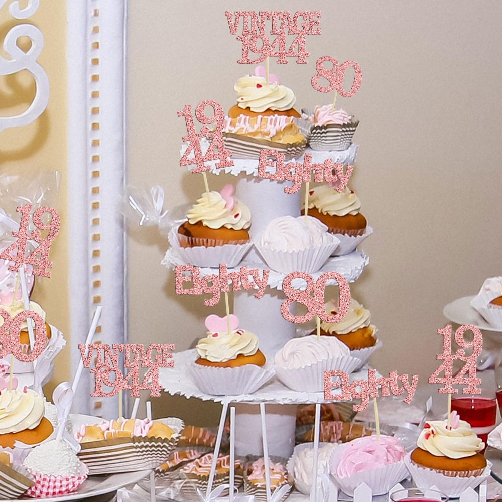 Gyufise 24Pcs 80th Birthday Cupcake Toppers Glitter Cheers to 80 Fabulous Eighty Vintage 1944 Cupcake Picks 80th Birthday Wedding Anniversary Party Cake Decorations Supplies Rose Gold - Image 3