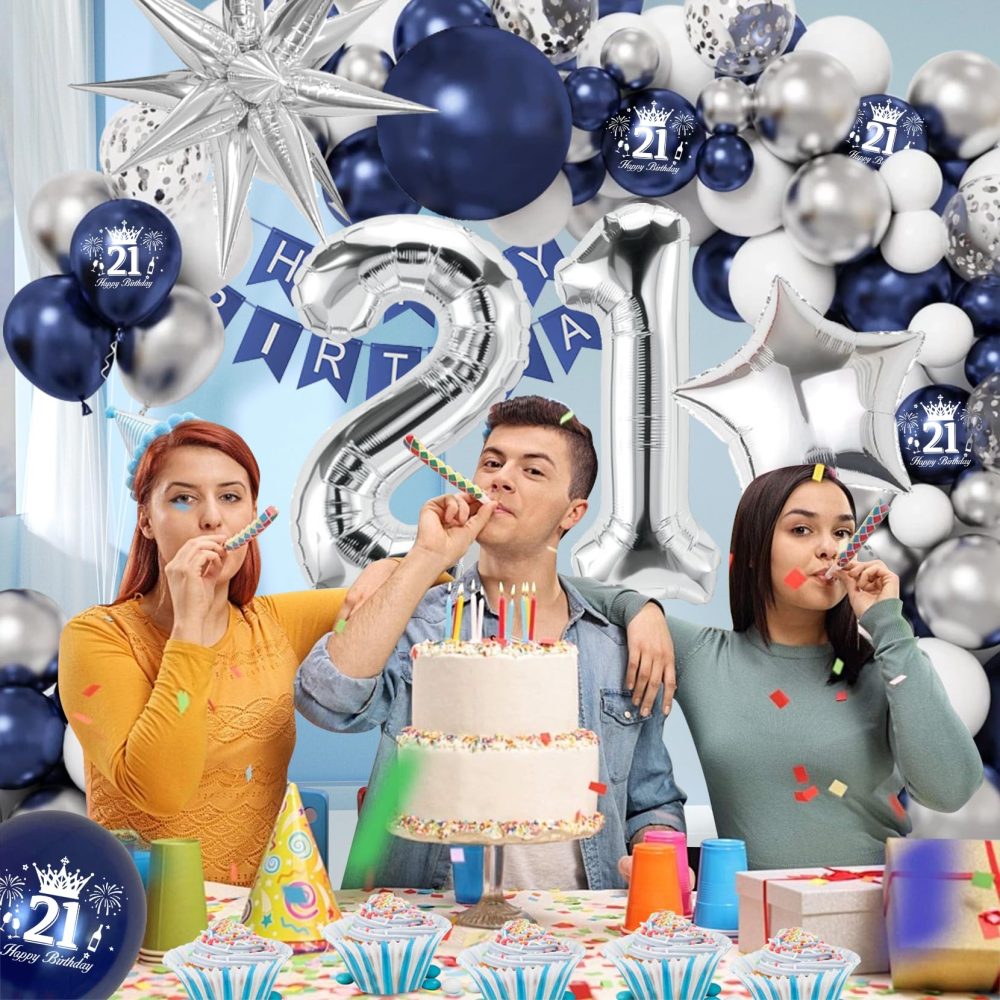 21st Birthday Decorations Blue Silver Balloons Arch Kit with 21 Number Star Foil Confetti Balloon Happy Birthday Banner Navy Blue and Silver Party Decor for 21st Boys Girls Men Women Anniversary - Image 2