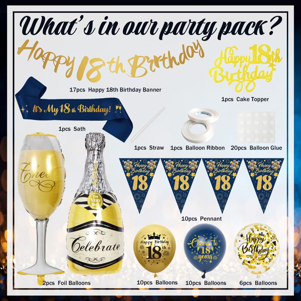 18th Birthday Decorations for Boys - Blue Gold Happy 18th Birthday Banners Cake Topper Pennant Latex Balloons Wine Bottle Balloon Sash for 18th Birthday Party Supplies - Image 7