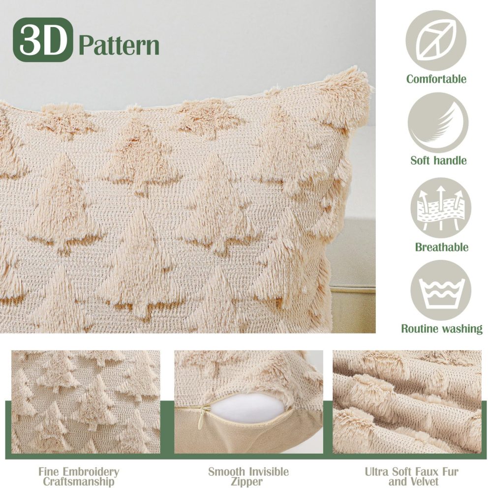 Lewondr Christmas Throw Pillow Cover 18x18, 2 Pack Super Soft Faux Fur Pillow Covers Velvet Christmas Tree Embroidery Decorative Throw Pillowcase for Living Room Bed Couch Sofa Car Home Decor, Oatmeal - Image 5
