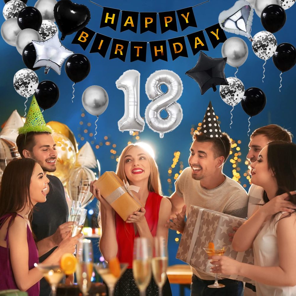 18th Birthday Decorations for Boys Girls Black Silver Happy Birthday Balloons Supplies 18 Birthday Party Set with 18 Sliver Number Balloons Happy Birthday Banner and Foil Star Balloons(18th-birthday) - Image 3