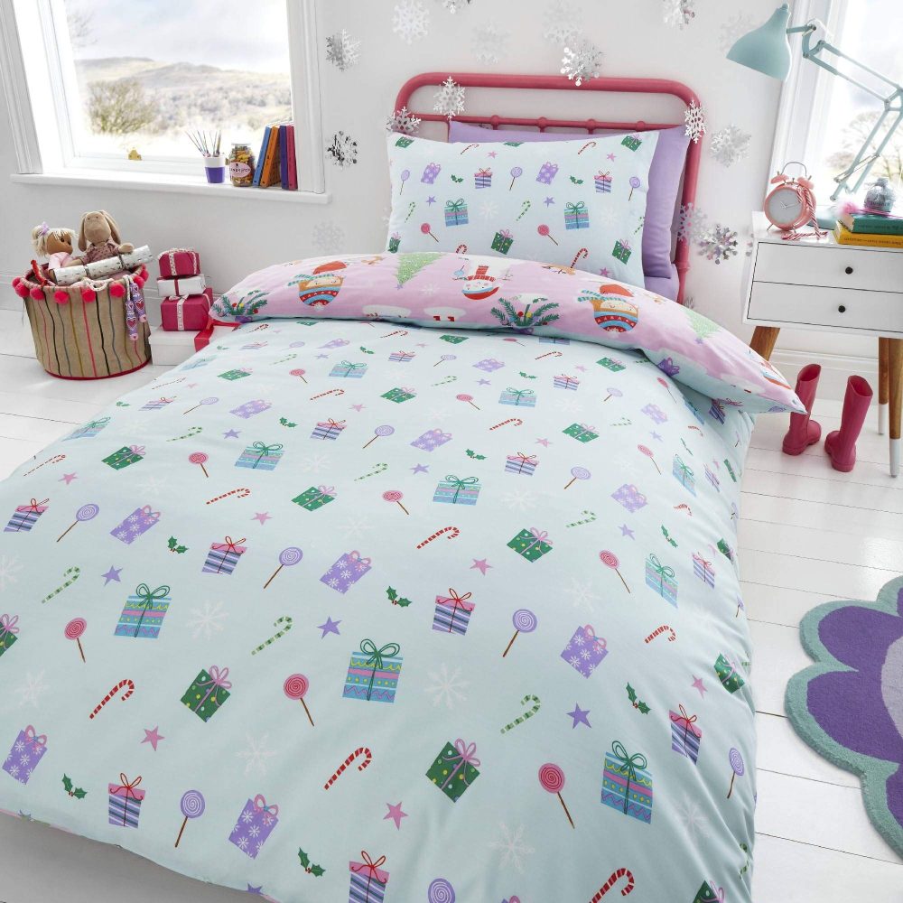Happy Linen Company Kids Girls Festive Christmas Tree Ice Skating Sausage Dog Pink Single Reversible Duvet Cover Bedding Set - Image 5