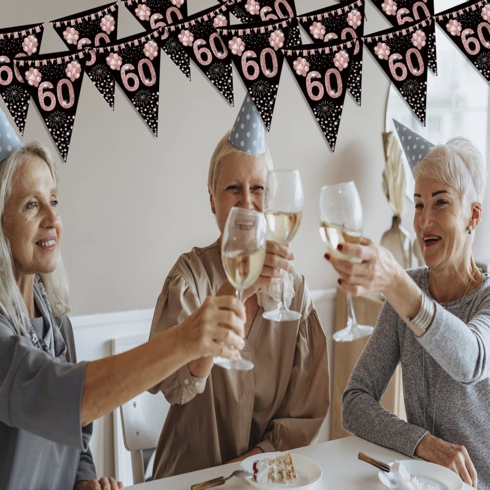 60th birthday bunting, Happy Banner Bunting Flags, 40 Pieces Triangle Rose Gold Glitter Diamond by Numbers 60th Birthday Anniversary Theme Party Decoration Supplies - Image 3