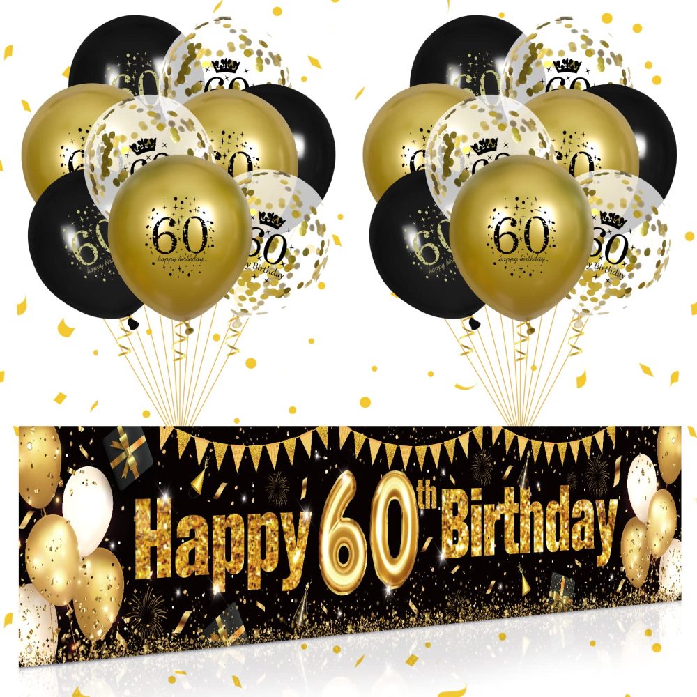 RUMIA 60th Birthday Decor for Black Gold, Black and Gold Birthday Yard Banner and 18 PCS 60th Happy Birthday Balloons for 60th Anniversary Birthday Party Supplies Yard Decor (49Q-2)