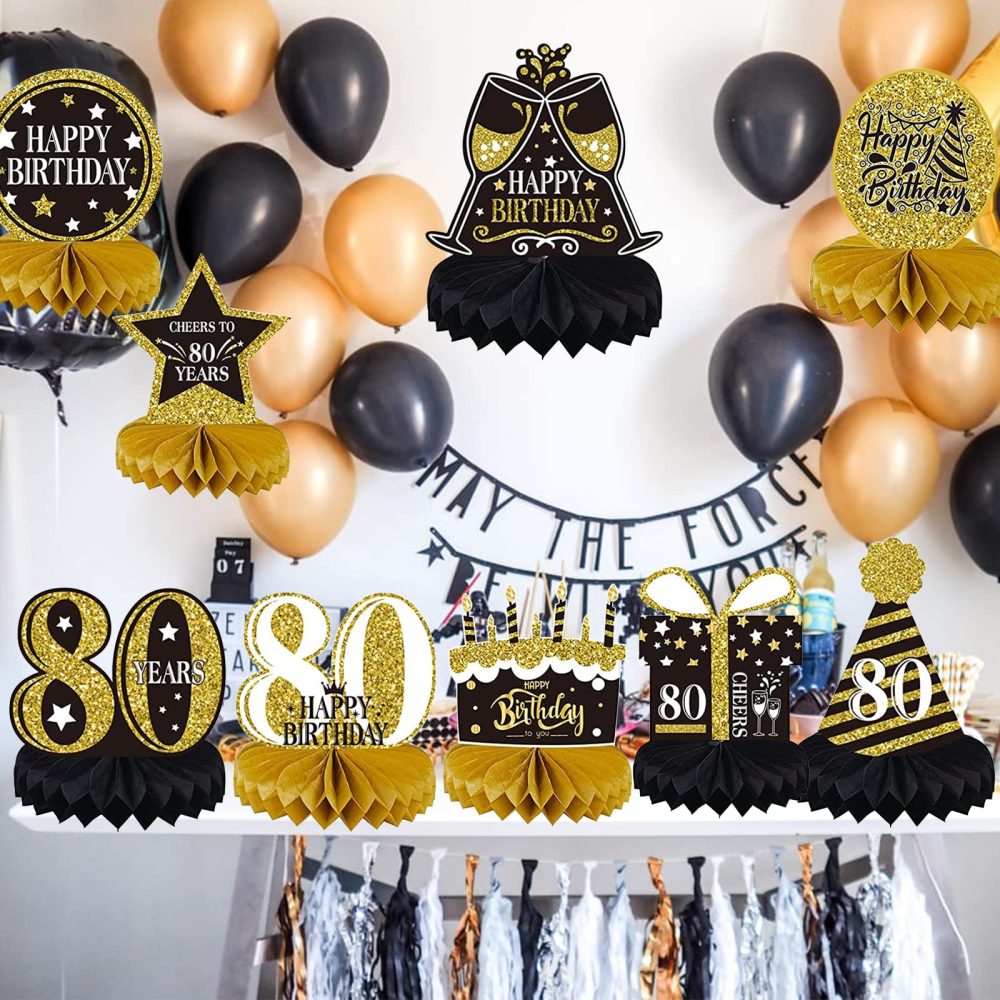 9 Pieces 80th Birthday Decorations for Men Women Black Gold 80th Birthday Centerpieces for Tables Decorations Eighty Years Birthday Party Decoration Supplies (80th-birthday) - Image 3