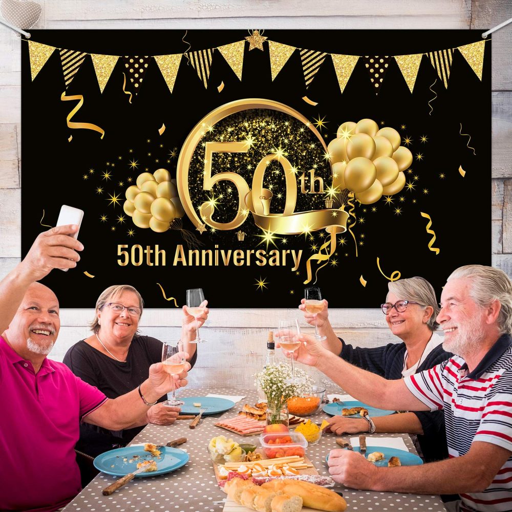 50th Anniversary Decorations, Extra Large Fabric Black Gold Sign Poster for 50th Anniversary Backdrop Photo Booth Background Banner 50th Birthday Party Supplies - Image 5