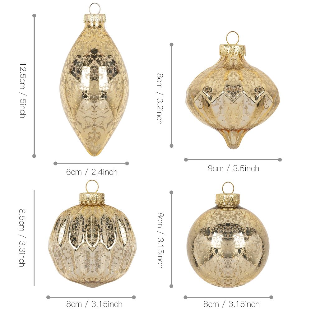 KI Store Mercury Glass Christmas Tree Ornaments Champagne Gold 80mm 120mm Set of 8 Hanging Christmas Baubles Finials for Christmas Tree Decoration Holiday Décor - Image 2