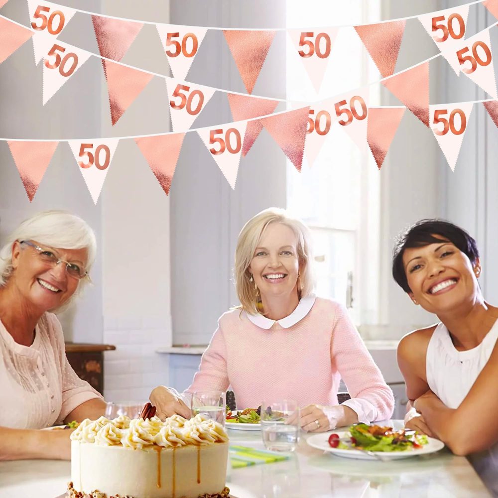 26FT Rose Gold 50th Birthday Party Decorations Pink Fabric Pennant Banner Garland Streamers for Womens 50 and Fabulous Birthday Cheers to 50 Years Anniversary Home Outdoor Garden Decor Supplies - Image 5