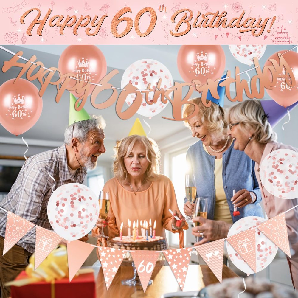 60th Birthday Decorations Kit Rose Gold Happy 60th Birthday Banner Triangle Flag Confetti Balloons Birthday Party Decorations Supplies Age 60 - Image 3