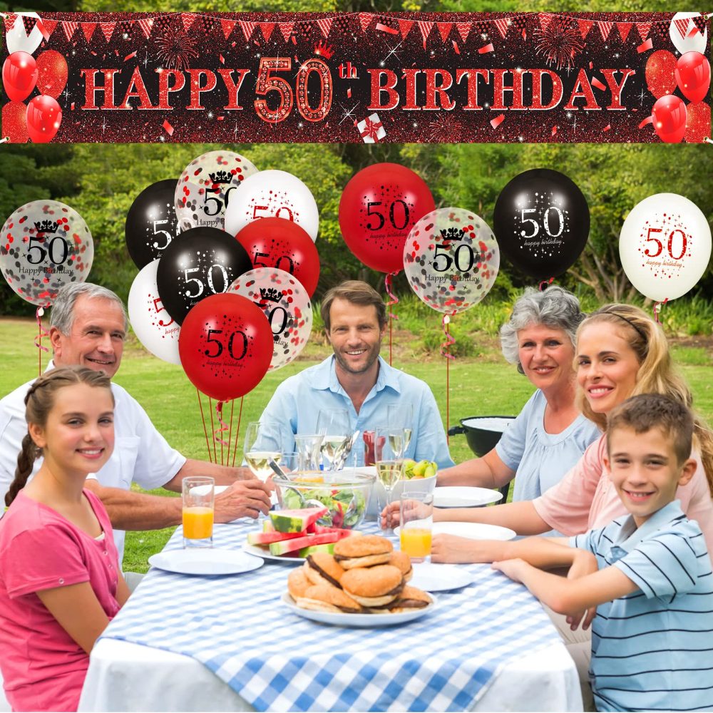 RUMIA Red 50th Birthday Decorations for Men Women, Red Black Glitter 50th Birthday Banner Yard Sign and 16Pcs Red Black 50th Birthday Latex Balloons for 50th Birthday Anniversary Party Supplies (A6X) - Image 5
