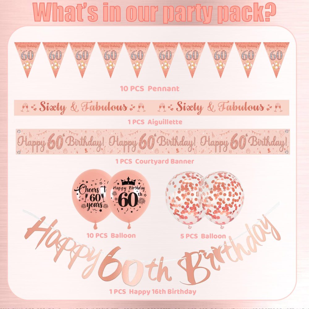 60th Birthday Decorations for Women - 44PCS Rose Gold Latex Confetti Balloons Triangle Flag Sash Decor Happy 60th Birthday Courtyard Banner Party Decoration Kit Supplies for Family Friends - Image 7
