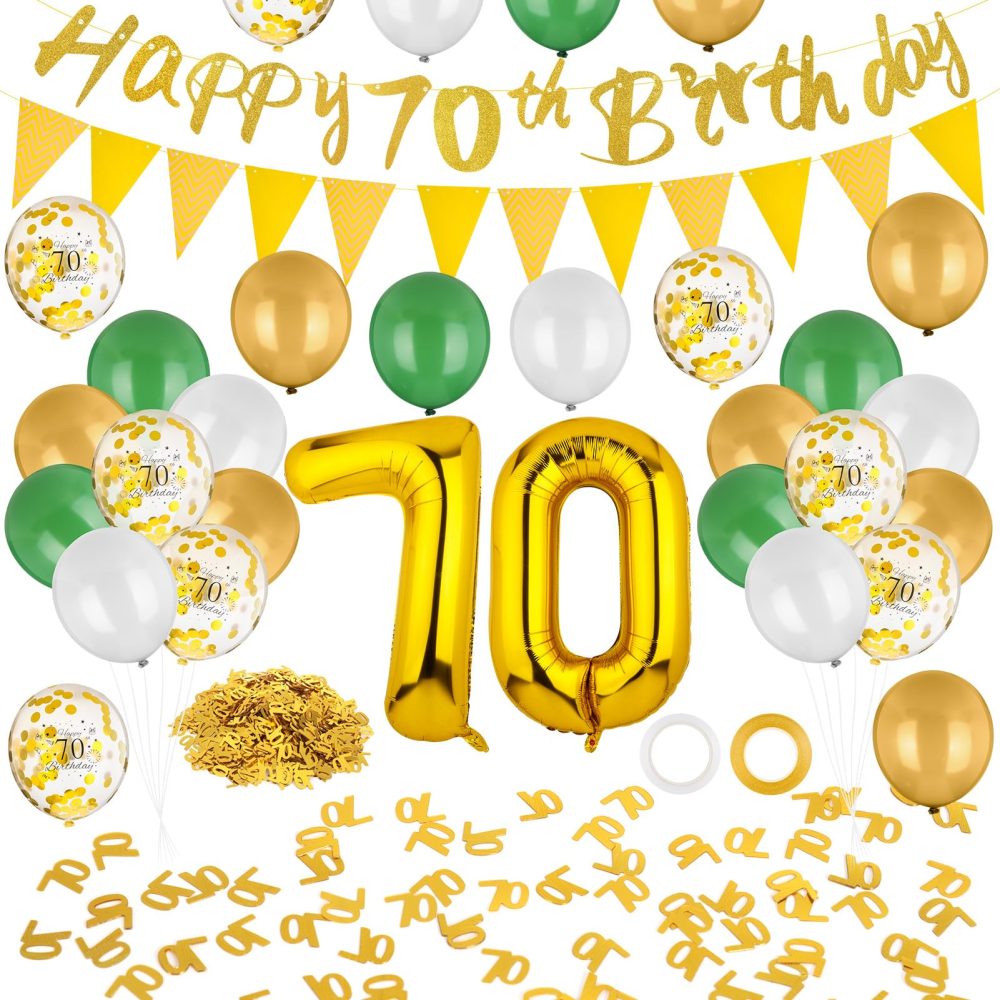 GSrenyu 70th birthday decorations, Gold and Green Birthday Party Decorations Set With Happy 70th Birthday Banner, Number 70 Balloon Triangle Flag Latex Balloons Confetti Cake Topper for Men Women 70th