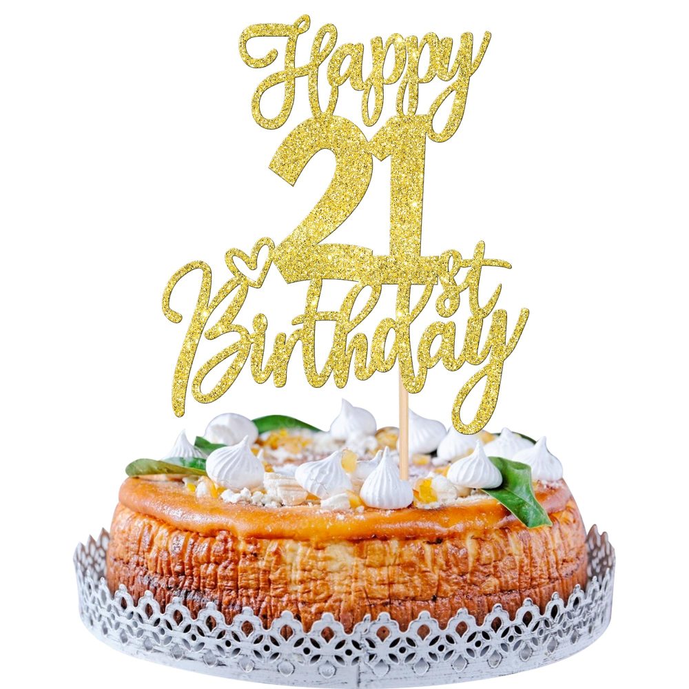SYKYCTCY 1 Pack Happy 21st Birthday Cake Topper Gold Glitter Cheers to 21 Years Birthday Cake Pick 21 Fabulous Cake Decoration for Happy Birthday Theme Anniversary Party Supplies