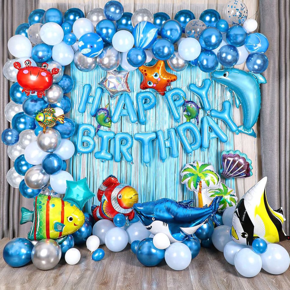 YinQin 176 PCS Ocean Blue Happy Birthday Party Balloons with Pump Under the Sea Birthday Balloons Decorations Fish Shark Birthday Balloons Set Blue Happy Birthday Party Supplies - Image 2