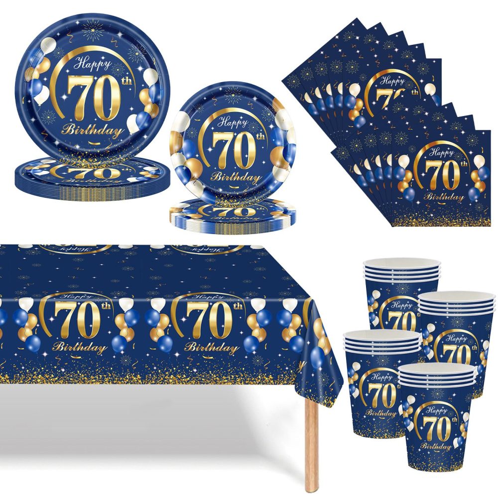 69 P Navy Blue and Gold 70th Birthday Tableware Set,Blue and Gold Paper Cups Napkins Plates(7in+9in) and 70th Table Cloth,Navy Blue and Gold Paper Dinnerware Decoration for Him Her 70th Birthday Party