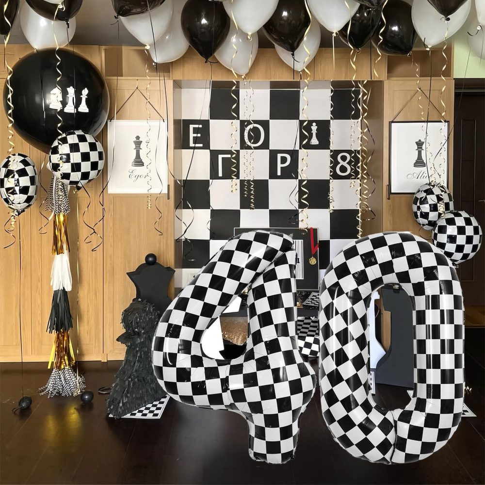 TNYKER Checkered Number 40 Balloon, Black and White 40th Birthday Balloons Foil Helium Checkered Flag Balloons, 40 Inch Racing 40 Balloon for Men 40th Racing Themed Birthday Party Decorations Supplies - Image 2