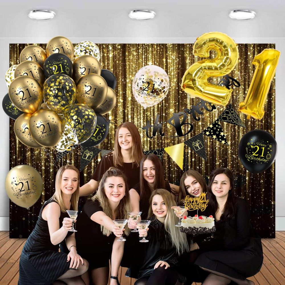 21st Birthday Decorations Set for Him,24Pcs Black Gold 21st Birthday Confetti Balloons,Gold Happy 21st Birthday Banner 21st Gold Foil Balloon Ribbon Cake Topper for Her Men Women 21 Year Old Party - Image 4