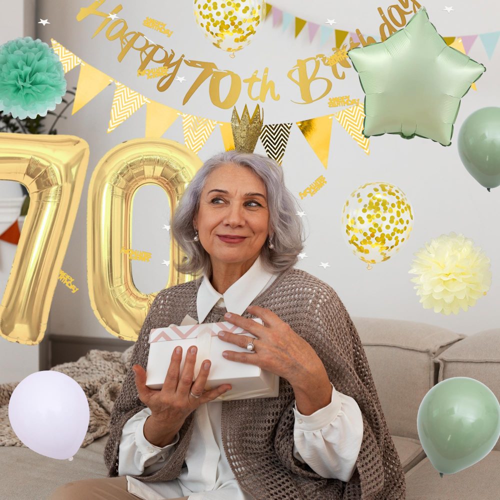 Sage Green 70th Birthday Decorations - Gold and Green 70th Party Supplies Includes Pull Flag Cake Topper Cupcake Topper Latex Balloons 70th Birthday Balloons for Women Men 70th Birthday - Image 3