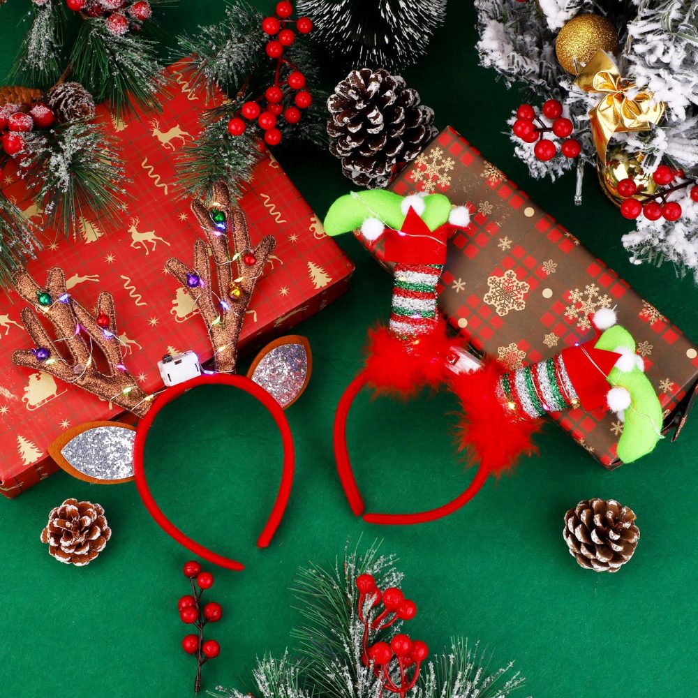 Fovths 6 Pack Christmas Headbands LED Reindeer Head Boppers Xmas Antler Santa Elves Hair Bands for Christmas Holiday Party Accessoriess - Image 5