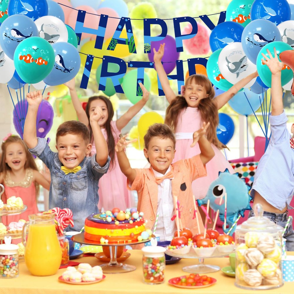 CIOUYAOS Under The Sea Party Decorations Kit, Party Supplies Ocean Theme 26pcs Balloons Banner set, Blue Marine Animal Dolphin Octopus Clown Fish Foil Balloons For 1st 2nd Boys Girls Kids Birthday - Image 2