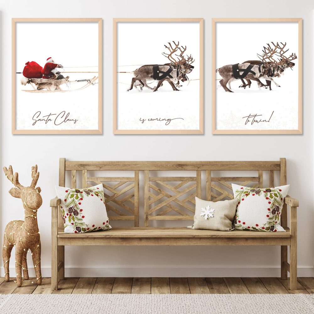 AnyDesign 3Pcs Christmas Wall Art Prints 13x17in Santa Claus Reindeer with Sleigh Art Poster Decor Large Aesthetic Xmas Posters Room Decor for Gallery Living Room Bathroom Wall Decor(UNFRAMED)